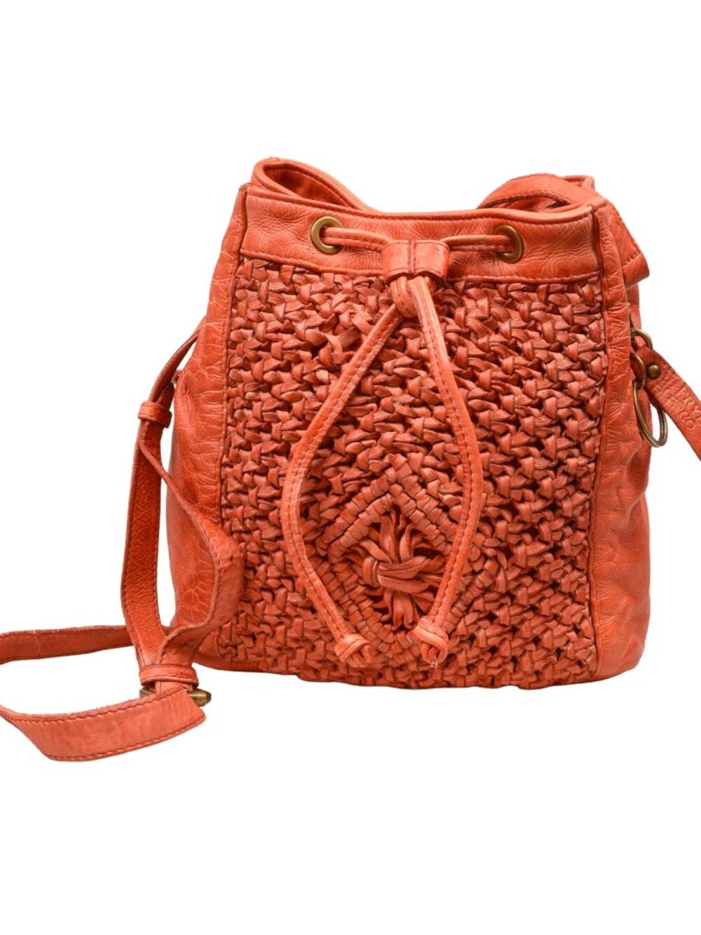 FRYE & Co. Esme Leather Paprika Woven Drawstring Closure Adj Strap Bucket Bag